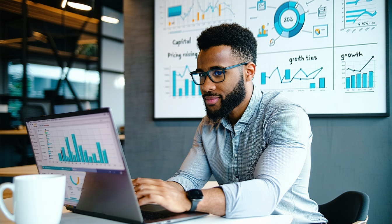 A confident tech founder in a modern open office space is reviewing a sleek financial dashboard on a laptop with graphs and projections on the screen In the background a whiteboard displays a startups pricing tiers and growth metrics Subtle overlays-1