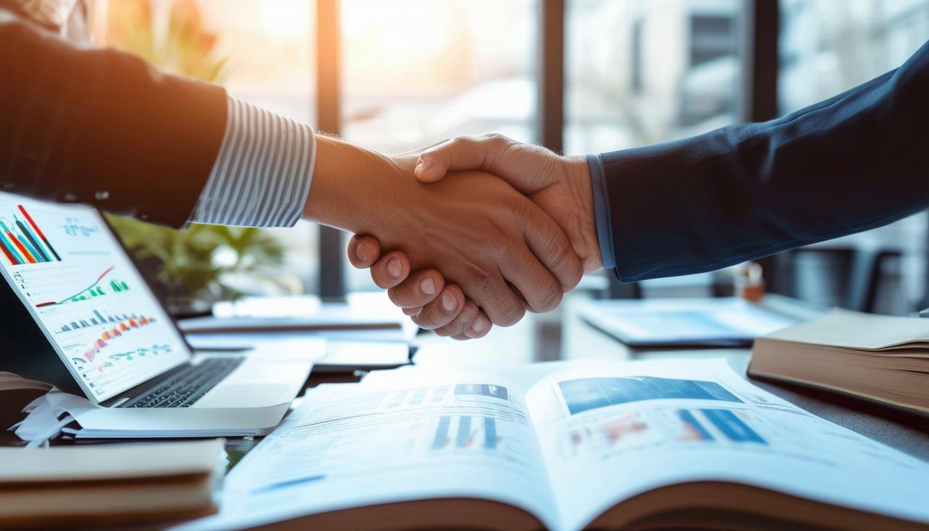 A professional scene in a modern, welllit office where a small business owner is shaking hands with a potential buyer