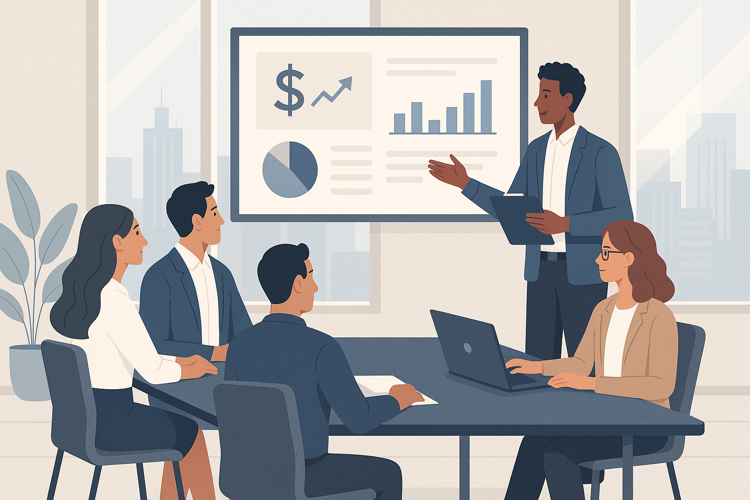 A vertical vectorstyle illustration showing a team of professionals diverse mix of genders and ethnicities gathered around a sleek conference table One person is standing and presenting a financial dashboard on a large screencharts graphs and cash fl A vertical vectorstyle illustration showing a team of professionals diverse mix of genders and ethnicities gathered around a sleek conference table One person is standing and presenting a financial dashboard on a large screencharts graphs and cash fl