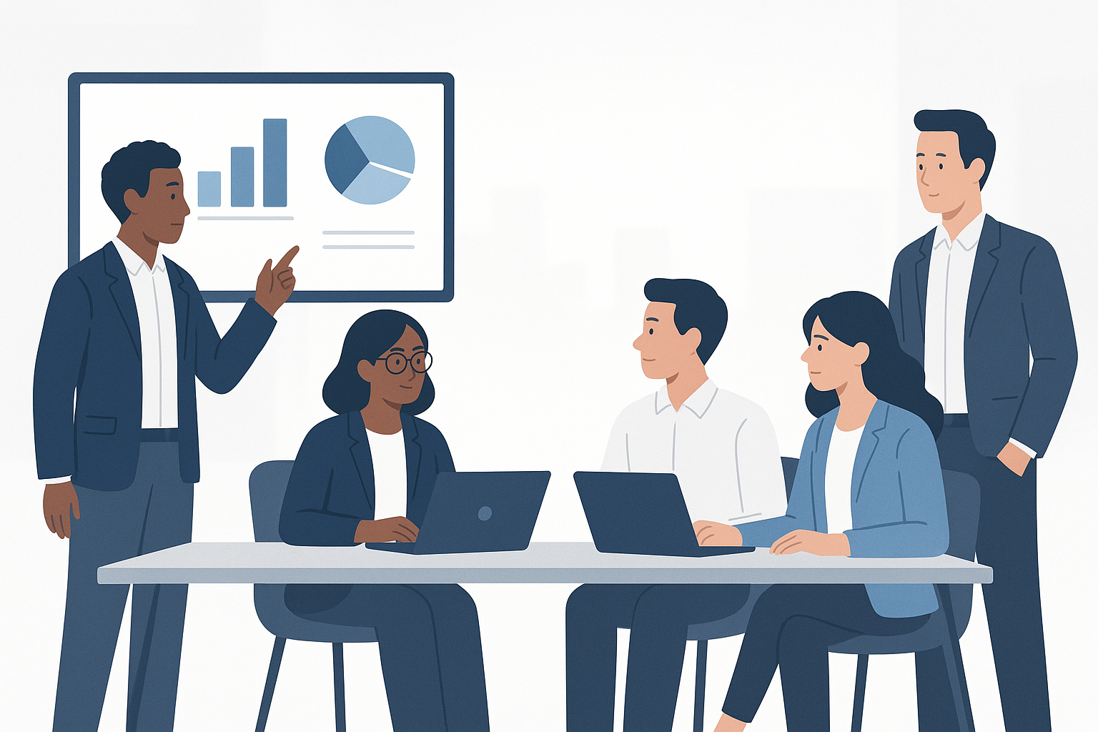 Create a horizontal vectorstyle illustration showing a modern office meeting among a small team of professionalsrepresenting a law firm consulting group or creative agency Place 34 diverse professionals on the left and right sides of the image seated-1 Create a horizontal vectorstyle illustration showing a modern office meeting among a small team of professionalsrepresenting a law firm consulting group or creative agency Place 34 diverse professionals on the left and right sides of the image seated-1