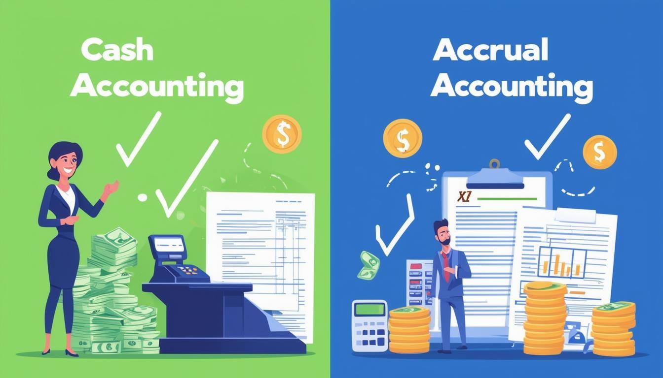 The image depicts a splitscreen comparison of two accounting methods, labeled Cash Accounting on the left and Accrual Accounting on the right