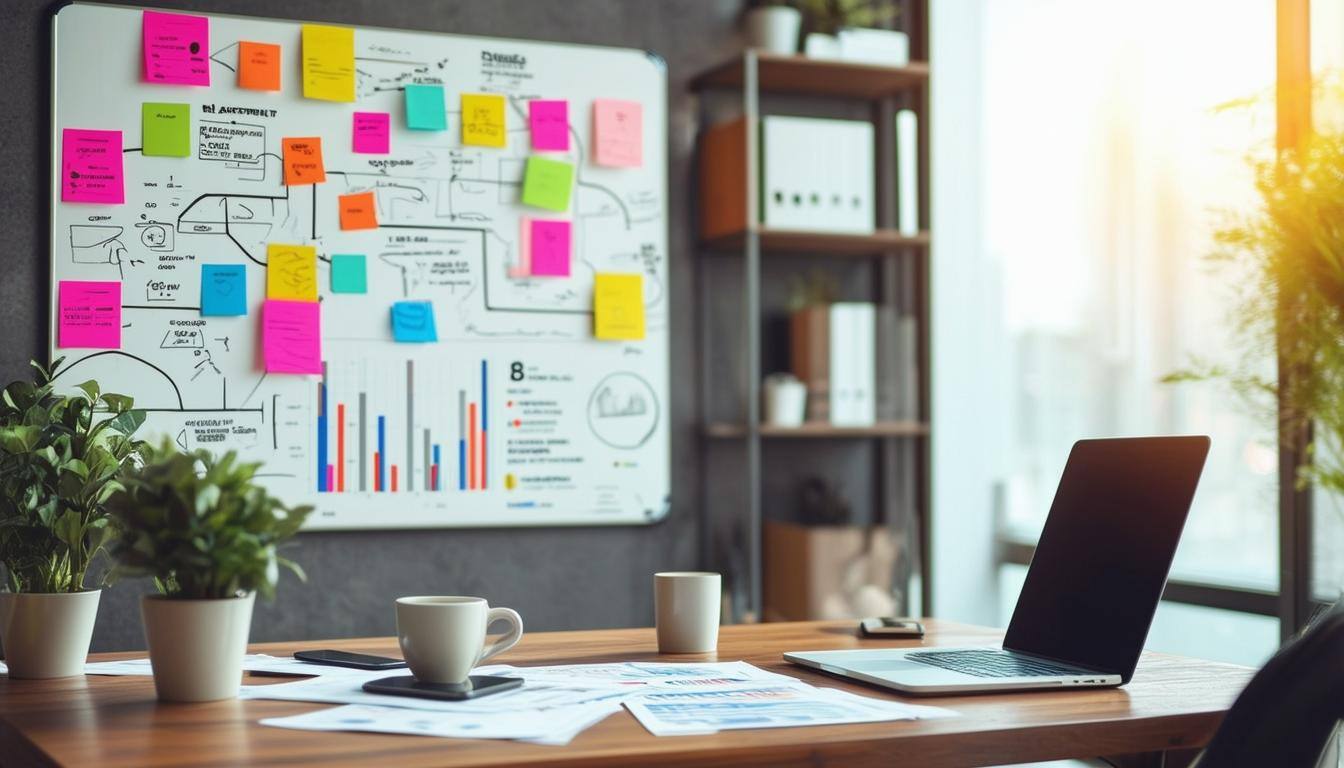 The image features a modern office workspace, characterized by a sleek wooden desk cluttered with financial documents, a laptop displaying charts and